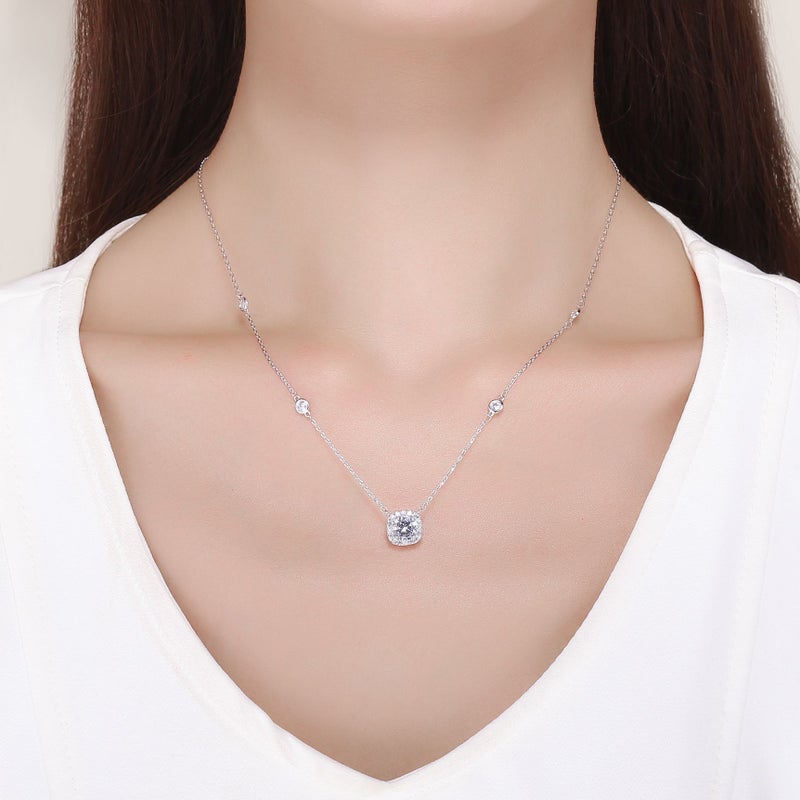SBLING Platinum Plated Cubic Zirconia Cushion Shape Halo Pendant Necklace - Image 4